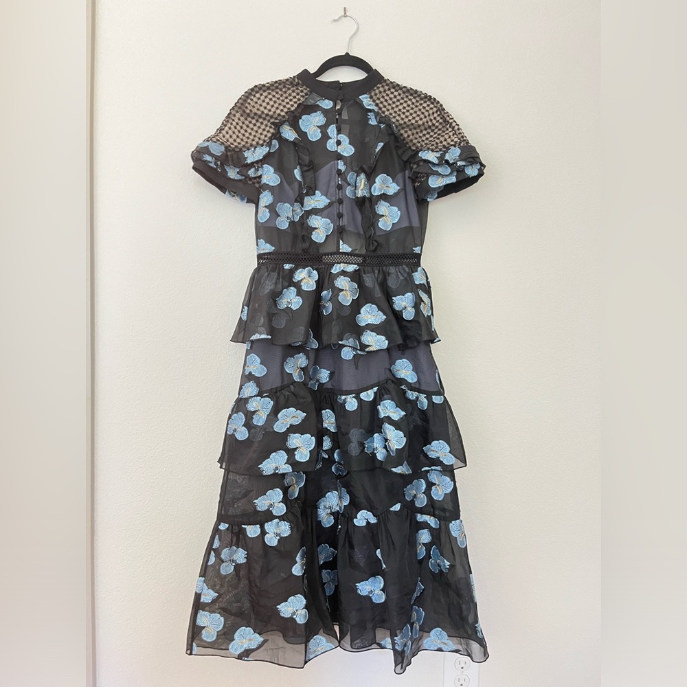 Self-Portrait Black & Blue Floral Fil Coupe Cape Detail Tiered Midi Dress 6 - Picture 7 of 14